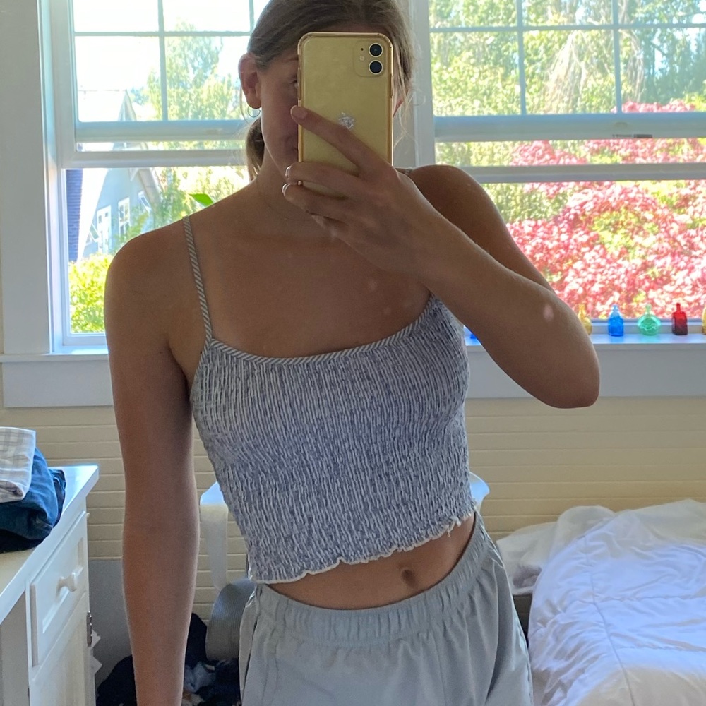 Brandy Melville rouched white and blue top